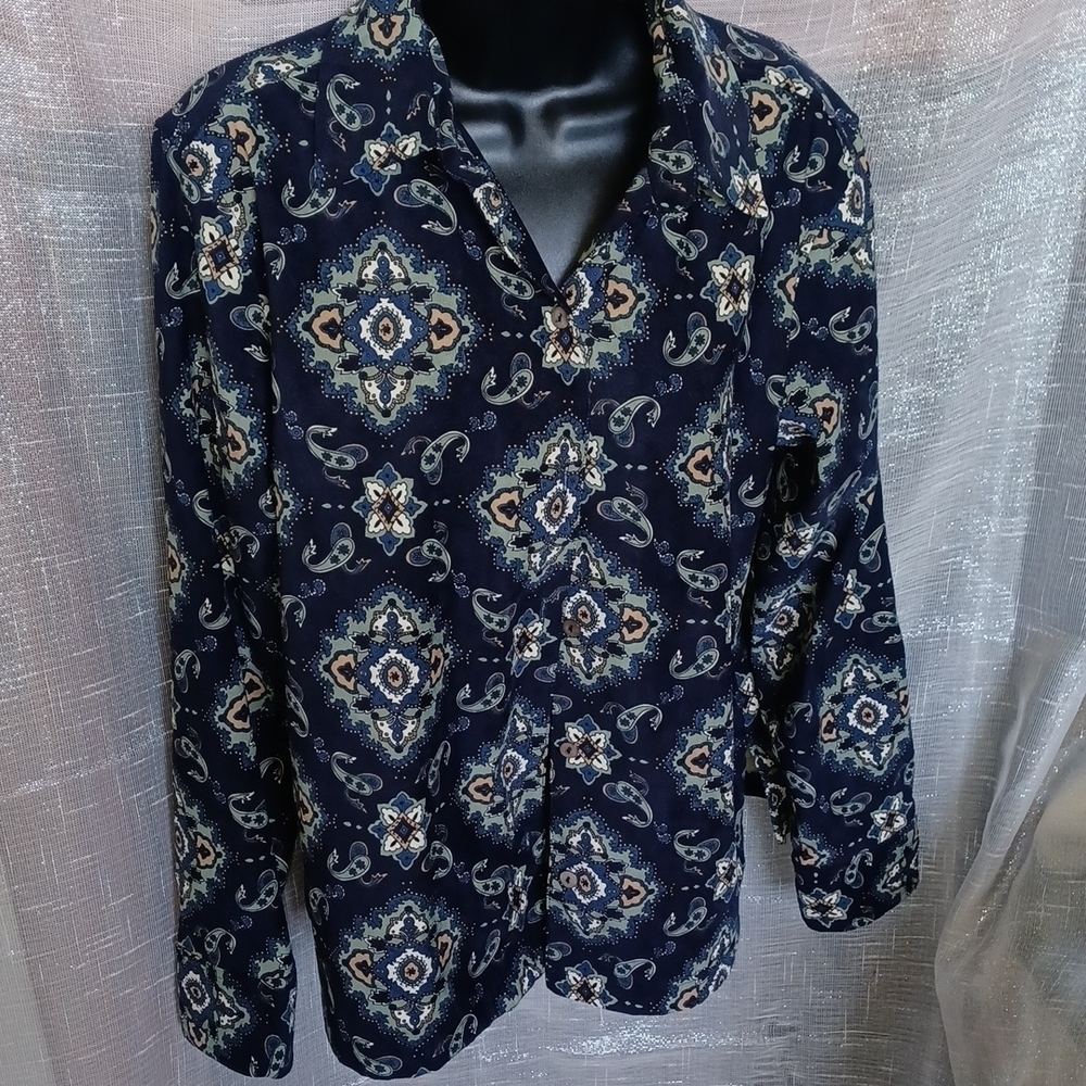 La Cabana Navy/green/brown xl large suede look, stretchy,  button front & sleeve